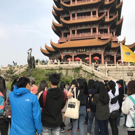 Students were visiting Yellow Crane Tower in Wuhan.